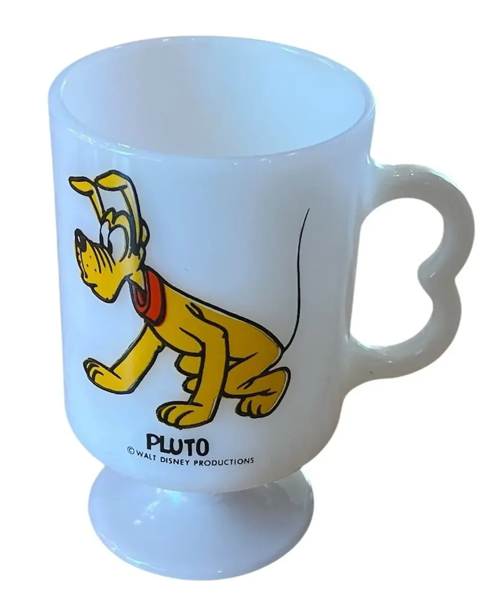 Vintage Coffee Mug Pluto Footed Milk Glass Walt Disney Productions Cup 1970s